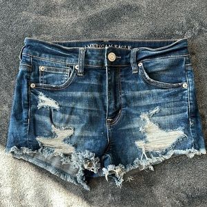 American Eagle Size 4 High Rise Shortie Super Stretch Ripped Jean Shorts Blue